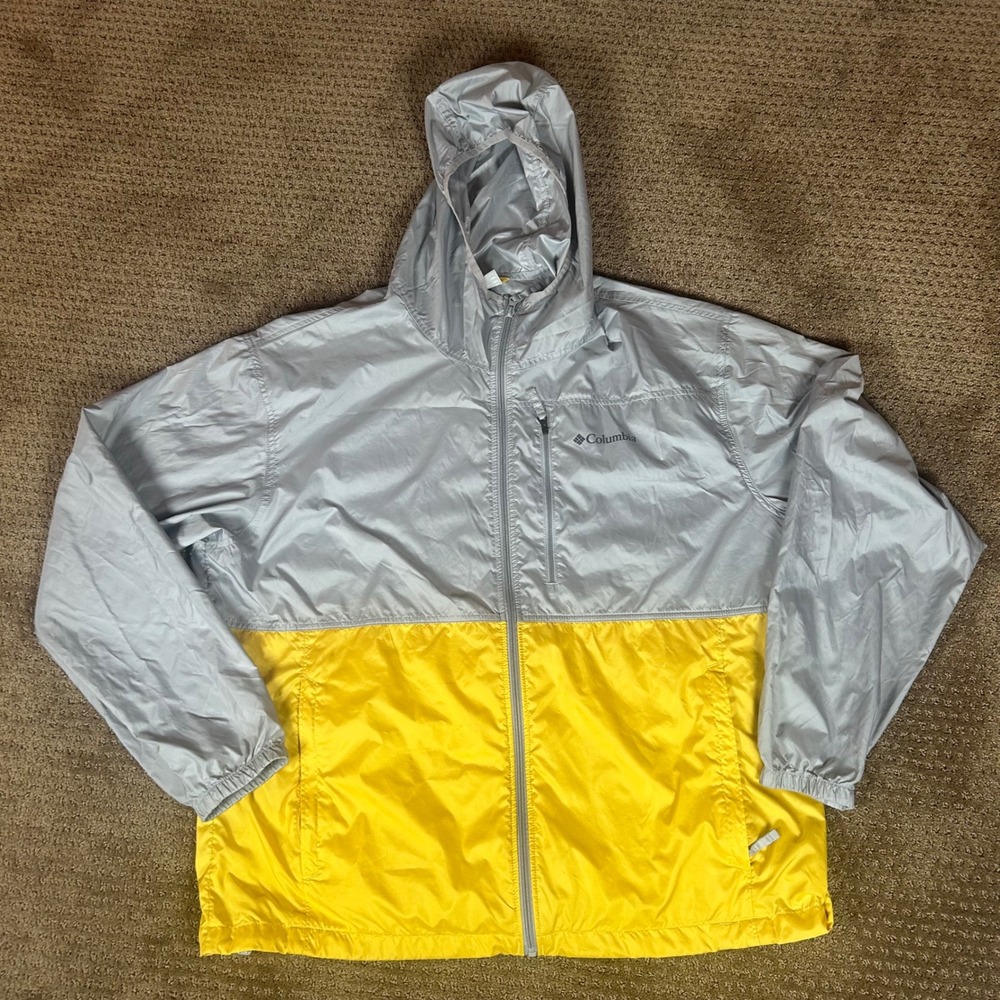 Columbia‎ Windbreaker Jacket Mens XXL Silver Yellow Colorblock Hooded XO0681